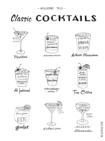 GUIDE TO CLASSIC COCKTAILS ART PRINT (WHITE) BY ANNA SEE