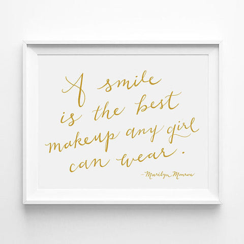 "A SMILE IS THE BEST MAKEUP ANY GIRL CAN WEAR" - MARILYN MONROE CALLIGRAPHY ART PRINT BY ANNA SEE