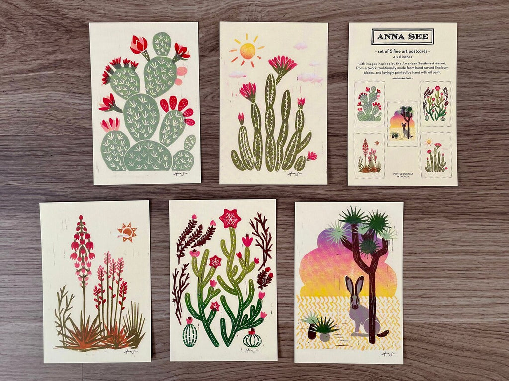 FINE ART DESERT CACTUS LINOPRINT REPRODUCTION POSTCARD SET - BY ANNA SEE