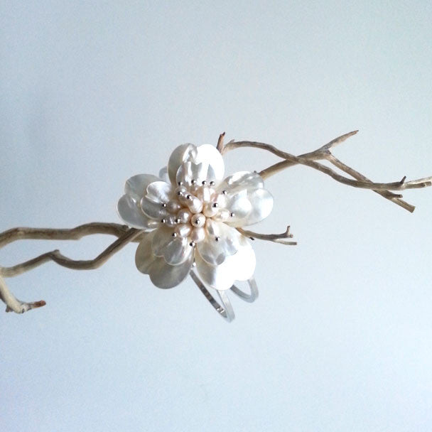 BRACELET: NATURAL SHELL PEARL FLOWER CUFF BRACELET, 8 5/8", 18K WHITE GOLD, HANDMADE AND AVAILABLE EXCLUSIVELY AT ANNA SEE
