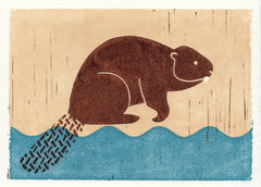 BEAVER HAND-CARVED LINOCUT ILLUSTRATION ART PRINT BY ANNA SEE