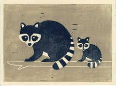 RACCOONS HAND-CARVED LINOCUT ILLUSTRATION ART PRINT BY ANNA SEE