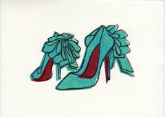 CHRISTIAN LOUBOUTIN ANEMONE BOW SHOES HAND-CARVED LINOCUT ILLUSTRATION ART PRINT BY ANNA SEE