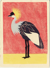 AFRICAN CROWNED CRANE HAND-CARVED LINOCUT ILLUSTRATION ART PRINT BY ANNA SEE