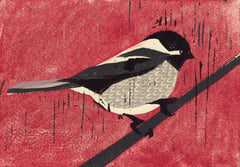 BLACK CAPPED CHICKADEE HAND-CARVED LINOCUT ILLUSTRATION ART PRINT BY ANNA SEE