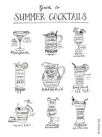 GUIDE TO SUMMER COCKTAILS ART PRINT (WHITE) BY ANNA SEE