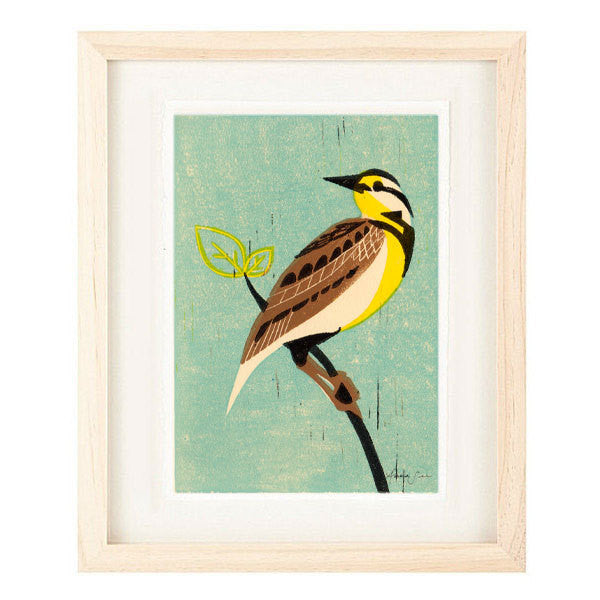 MEADOWLARK HAND-CARVED LINOCUT ILLUSTRATION ART PRINT BY ANNA SEE