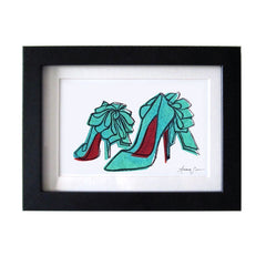 CHRISTIAN LOUBOUTIN ANEMONE BOW SHOES HAND-CARVED LINOCUT ILLUSTRATION ART PRINT BY ANNA SEE