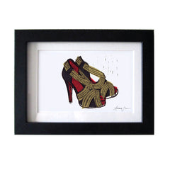 CHRISTIAN LOUBOUTIN JOSEFA SHOES HAND-CARVED LINOCUT ILLUSTRATION ART PRINT BY ANNA SEE