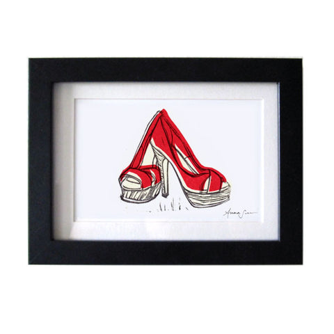 CHRISTIAN LOUBOUTIN PLATFORM PEEP TOE SHOES HAND-CARVED LINOCUT ILLUSTRATION ART PRINT BY ANNA SEE