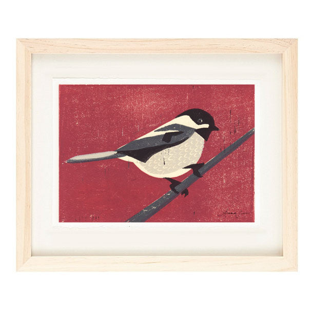 BLACK CAPPED CHICKADEE HAND-CARVED LINOCUT ILLUSTRATION ART PRINT BY ANNA SEE