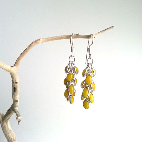 EARRINGS: STATEMENT GRAPE YELLOW CITRINE QUARTZ GLASS DANGLE EARRINGS, .925 STERLING SILVER PLATED, HANDMADE AND AVAILABLE EXCLUSIVELY AT ANNA SEE
