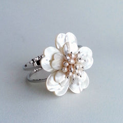 BRACELET: NATURAL SHELL PEARL FLOWER CUFF BRACELET, 8 5/8", 18K WHITE GOLD, HANDMADE AND AVAILABLE EXCLUSIVELY AT ANNA SEE