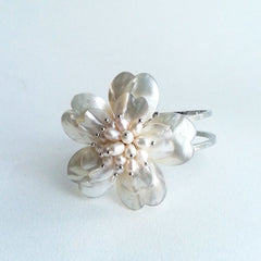 BRACELET: NATURAL SHELL PEARL FLOWER CUFF BRACELET, 8 5/8", 18K WHITE GOLD, HANDMADE AND AVAILABLE EXCLUSIVELY AT ANNA SEE
