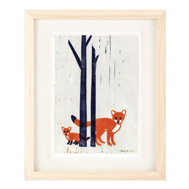 FOXES HAND-CARVED LINOCUT ILLUSTRATION ART PRINT BY ANNA SEE