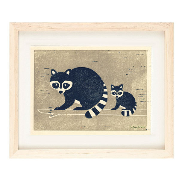 RACCOONS HAND-CARVED LINOCUT ILLUSTRATION ART PRINT BY ANNA SEE - annasee