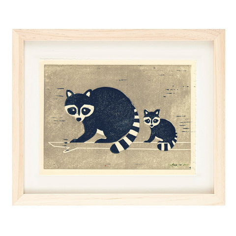 RACCOONS HAND-CARVED LINOCUT ILLUSTRATION ART PRINT BY ANNA SEE
