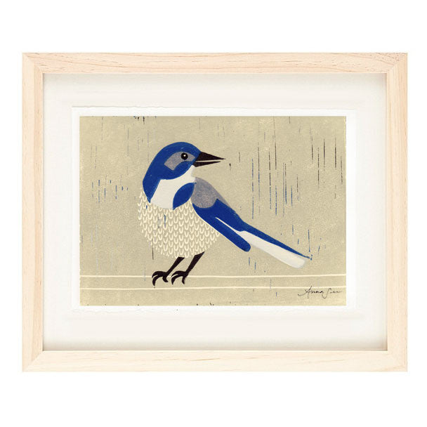 WESTERN SCRUBJAY HAND-CARVED LINOCUT ILLUSTRATION ART PRINT BY ANNA SEE