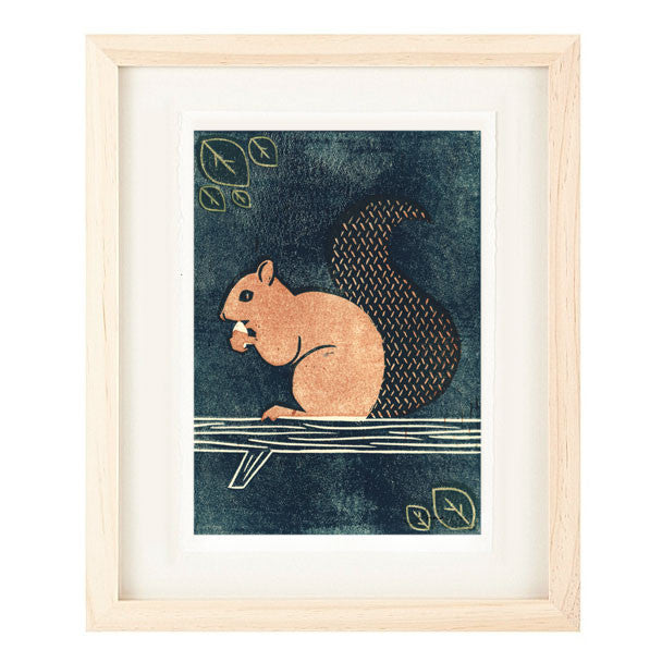 SQUIRREL HAND-CARVED LINOCUT ILLUSTRATION ART PRINT BY ANNA SEE