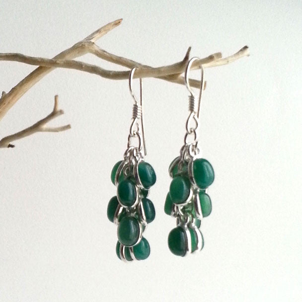 EARRINGS: STATEMENT NATURAL GREEN ONYX DANGLE EARRINGS, .925 STERLING SILVER PLATED, HANDMADE AND AVAILABLE EXCLUSIVELY AT ANNA SEE