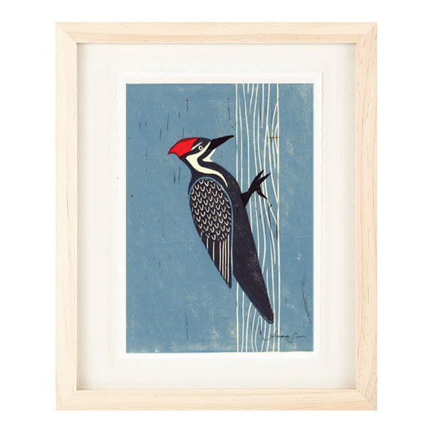 PILEATED WOODPECKER HAND-CARVED LINOCUT ILLUSTRATION ART PRINT BY ANNA SEE