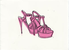 YSL TRIBUTE SANDALS HAND-CARVED LINOCUT ILLUSTRATION ART PRINT BY ANNA SEE
