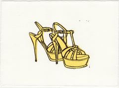 YSL TRIBUTE SANDALS HAND-CARVED LINOCUT ILLUSTRATION ART PRINT BY ANNA SEE