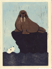 WALRUS AND SEAL HAND-CARVED LINOCUT ILLUSTRATION ART PRINT BY ANNA SEE