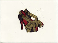 CHRISTIAN LOUBOUTIN JOSEFA SHOES HAND-CARVED LINOCUT ILLUSTRATION ART PRINT BY ANNA SEE