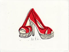 CHRISTIAN LOUBOUTIN PLATFORM PEEP TOE SHOES HAND-CARVED LINOCUT ILLUSTRATION ART PRINT BY ANNA SEE