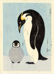 PENGUINS HAND-CARVED LINOCUT ILLUSTRATION ART PRINT BY ANNA SEE